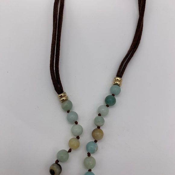 Vtg. Beaded Agate Stone Necklace & Bracelet Set With Gold Guild Slice Pendant - Picture 8 of 9